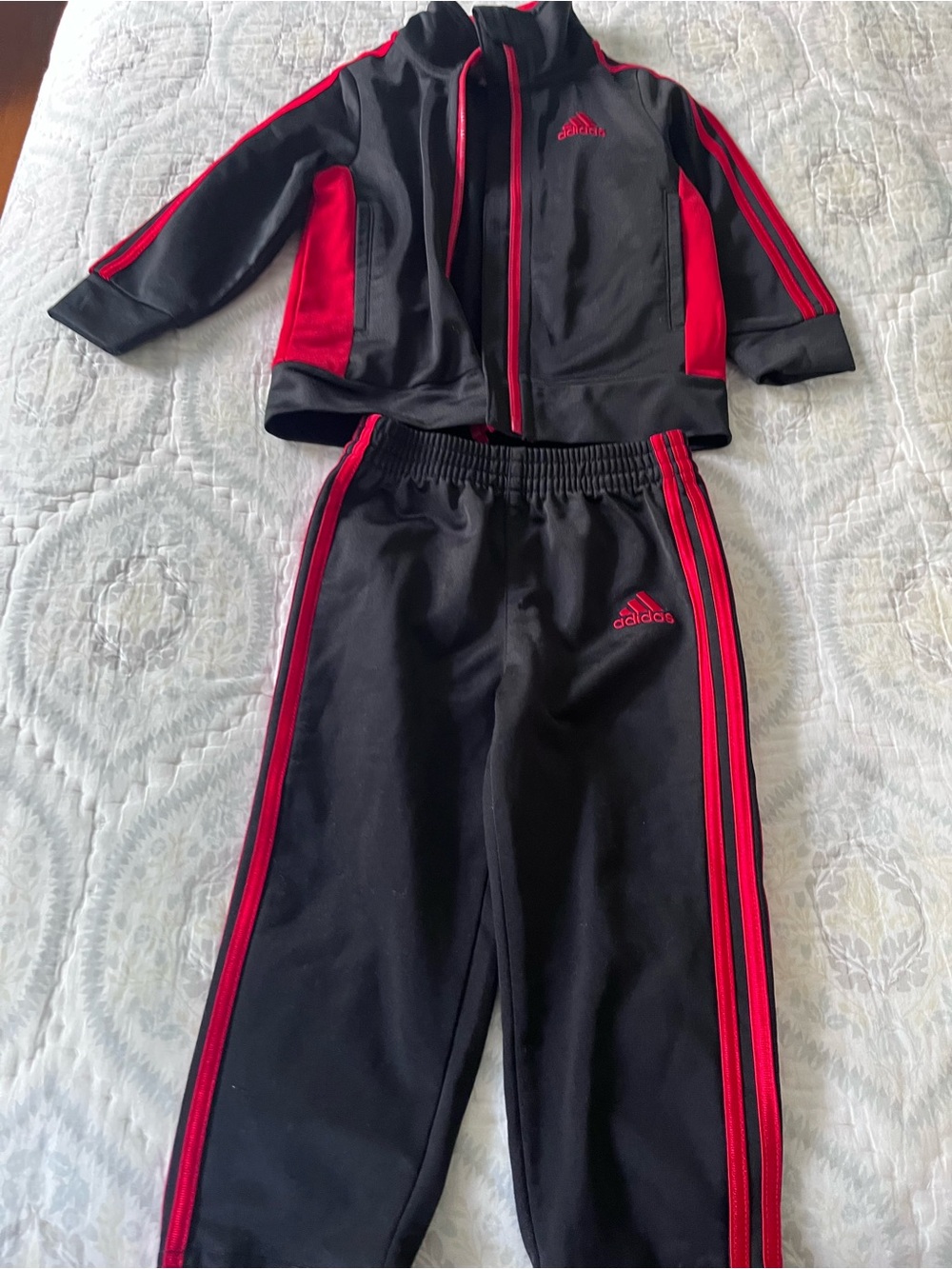 adidas Black Track Jacket and Pants with Red Zipper Accents